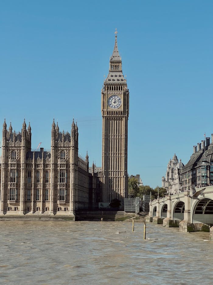 About A view of Big Ben and the Houses of Parliament next to the River Thames in London, England.