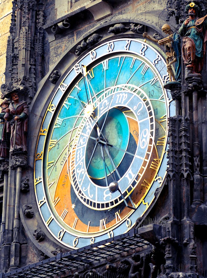 Home Close-up of Prague's historic astronomical clock featuring intricate details and vibrant colors.